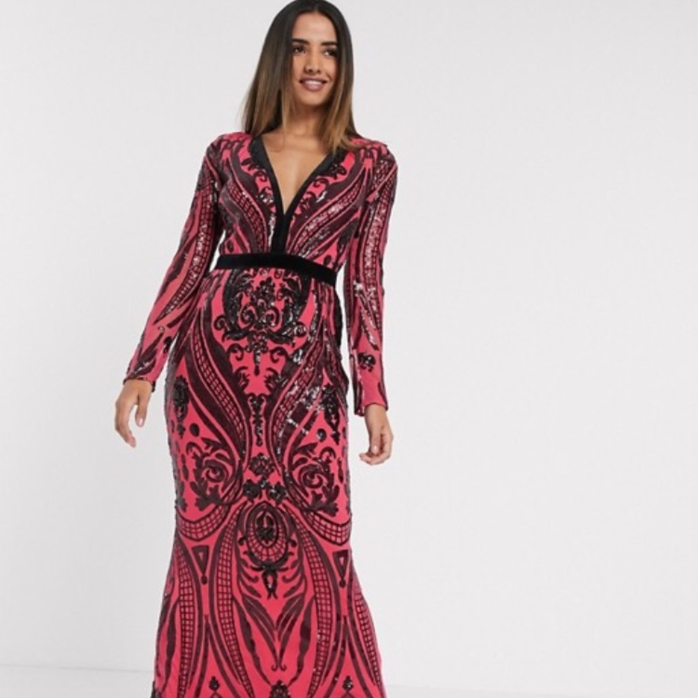 Hot pink/black Goddiva long sleeve v-neck dress